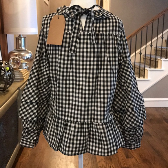 COTTON GINGHAM LONG RUFFLE SLEEVE TOP TIE BACK - Picture 6 of 7
